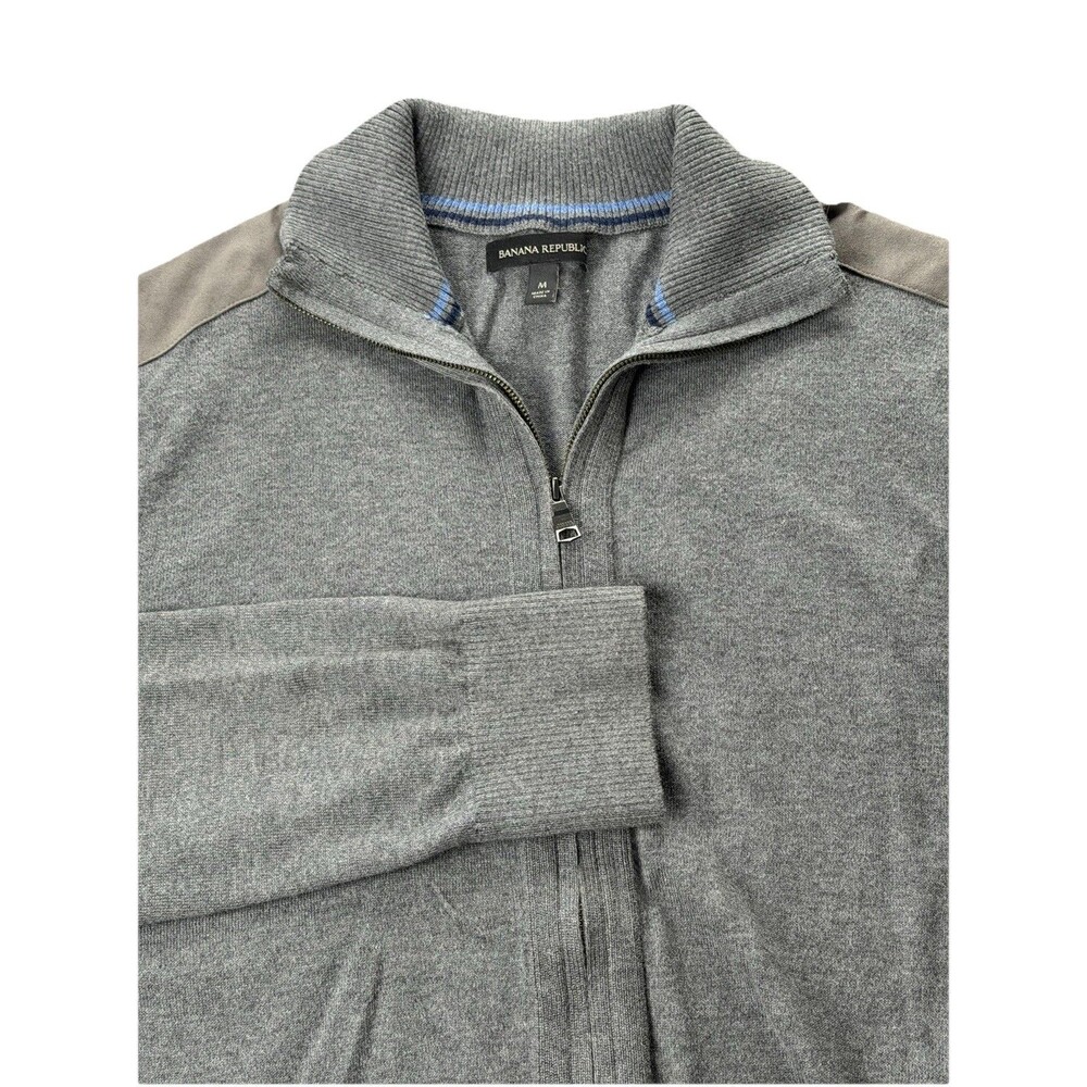 Banana Republic Gray Full Zip Sweater Suede Shoulder Mens M‎
